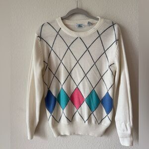 Vintage 80s/90s Izod Lacoste Rare Colorful Knit Sweater Sz S Argyle Print Retro